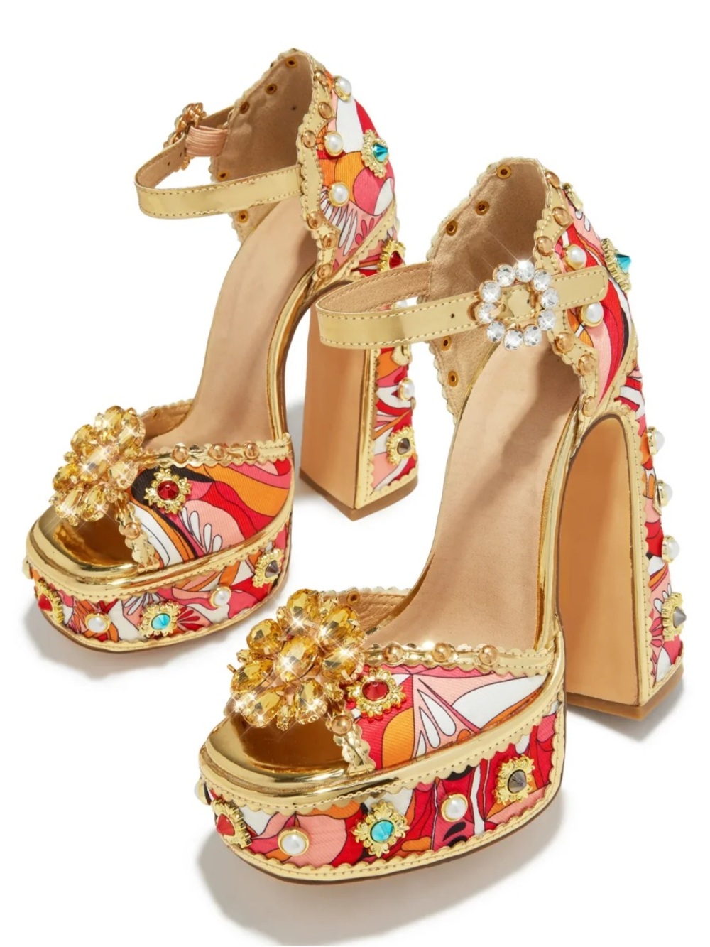 Miss Lola🧡Gold-Trim Floral Block Heels in Pink and Orange Turquoise Accent